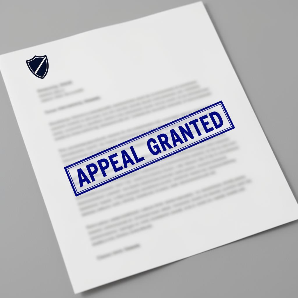 Blurred official letter with a blue APPEAL GRANTED stamp